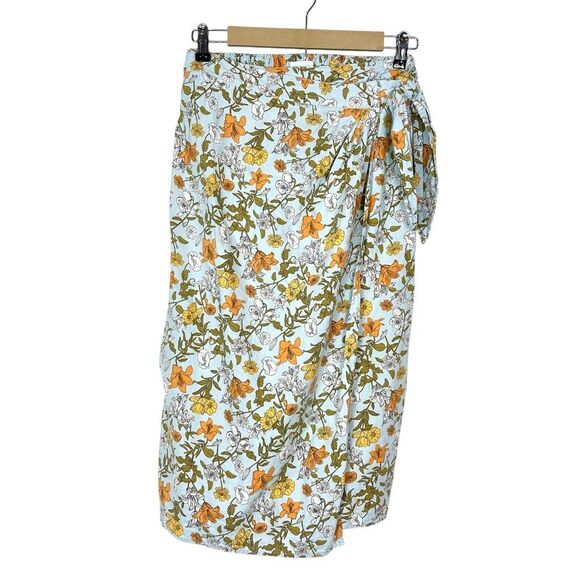 Cynthia Rowley Midi Skirt Linen Wrap Small Light Blue Floral Summer Leaves Long - Picture 1 of 12
